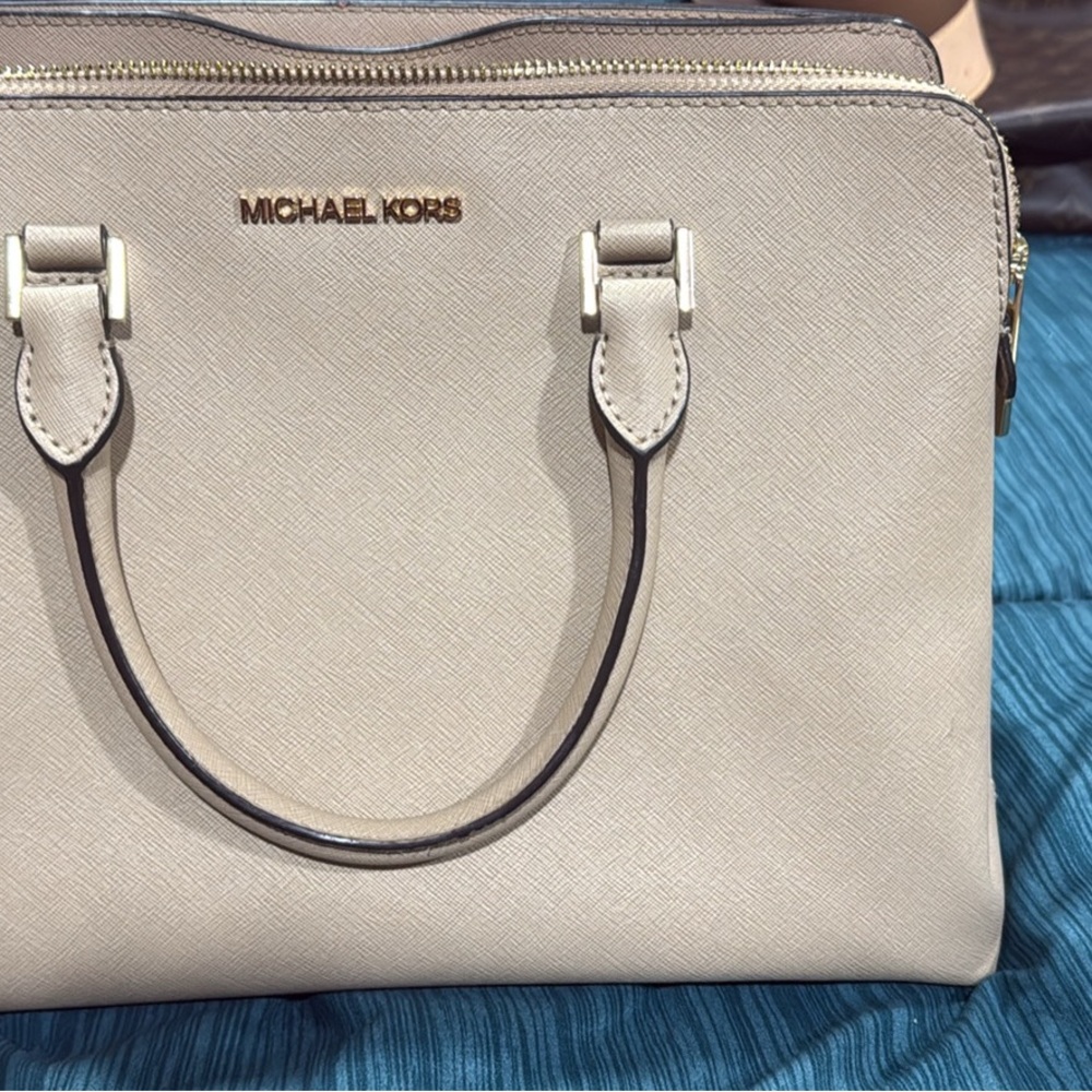 Michael Kors Cream Saffiano Satchel with Gold Hardware